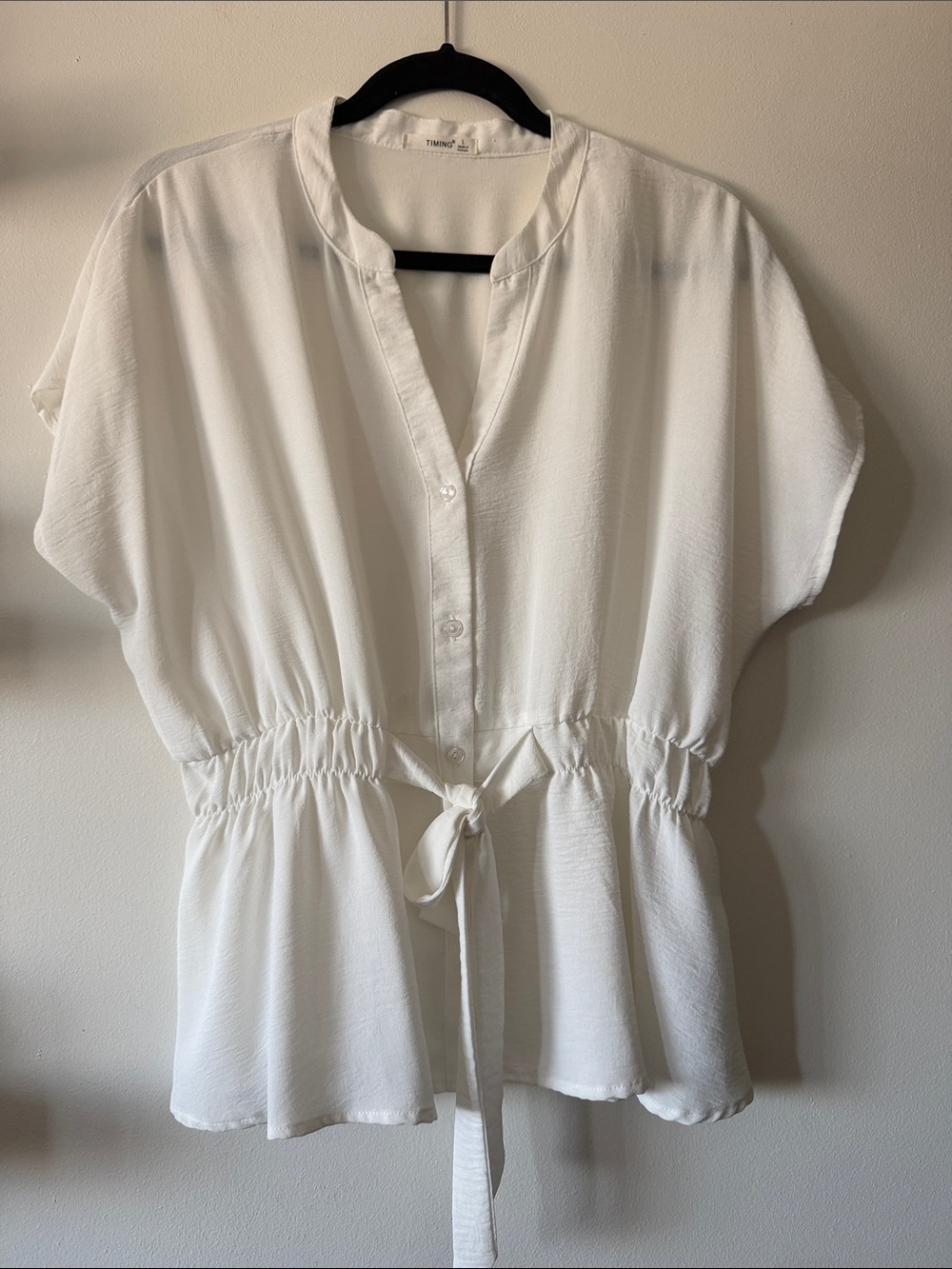 Timing|White Tie-Waist Peplum Button-Up Blouse|Large|EUC